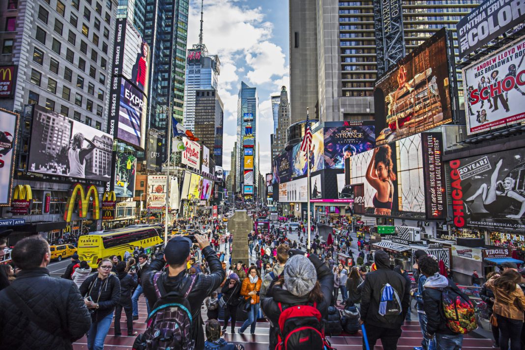 View of crowded Times Square in New York City